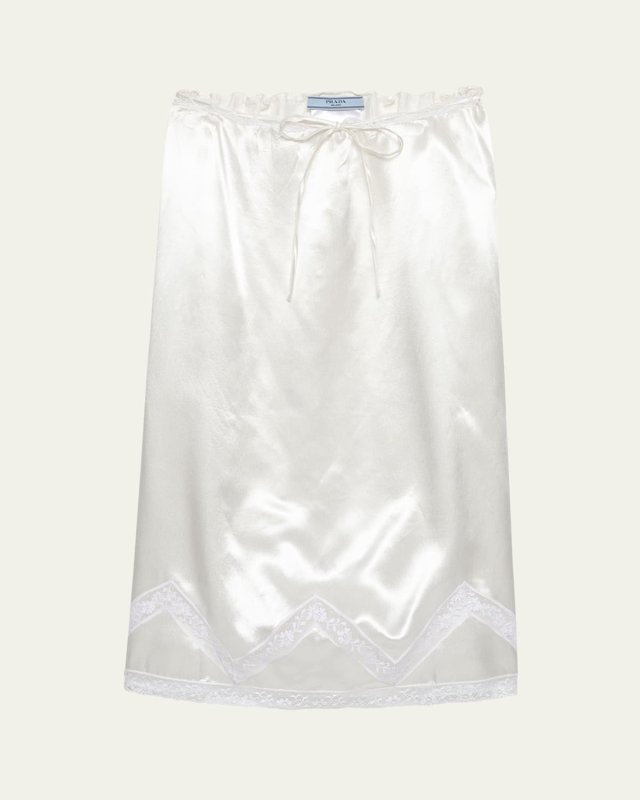 Drawstring Lace Trim Satin Midi Skirt